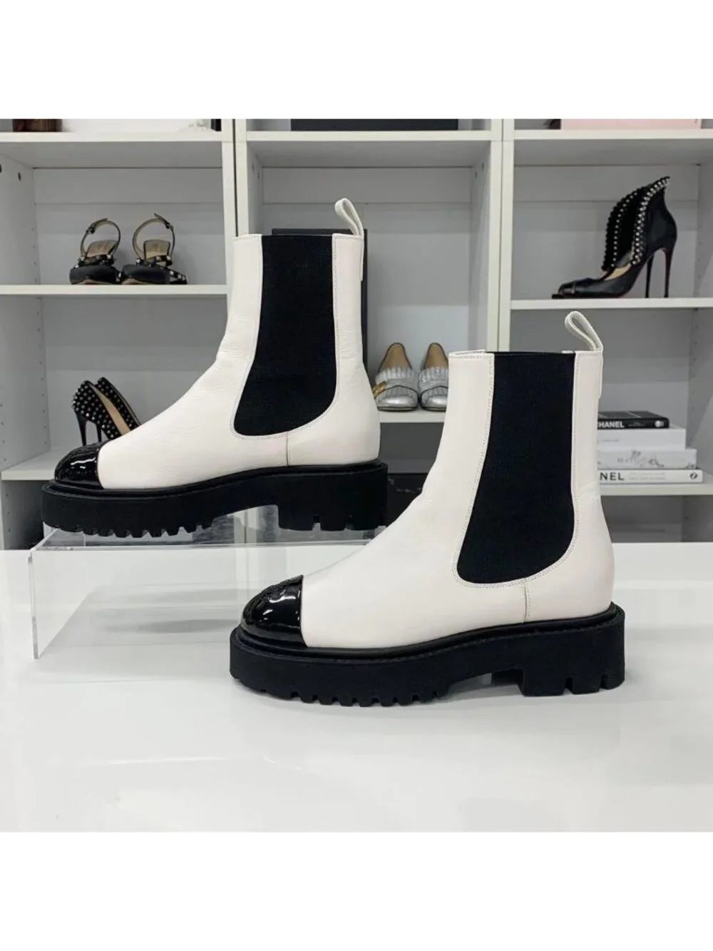 Chanel CC Logo Leather Patent Side Gore Short Boots White